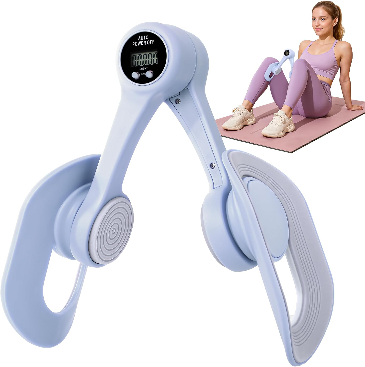 Spring thigh trainer with digital counter and rotating pads